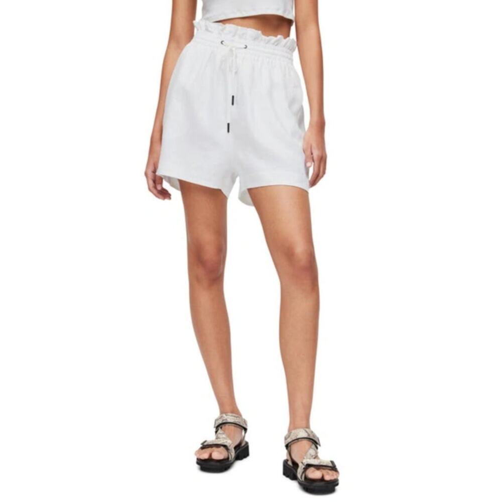 AllSaints Women Paperbag 100% Linen Shorts 6 Preppy Beachy Clean Girl Minimalist